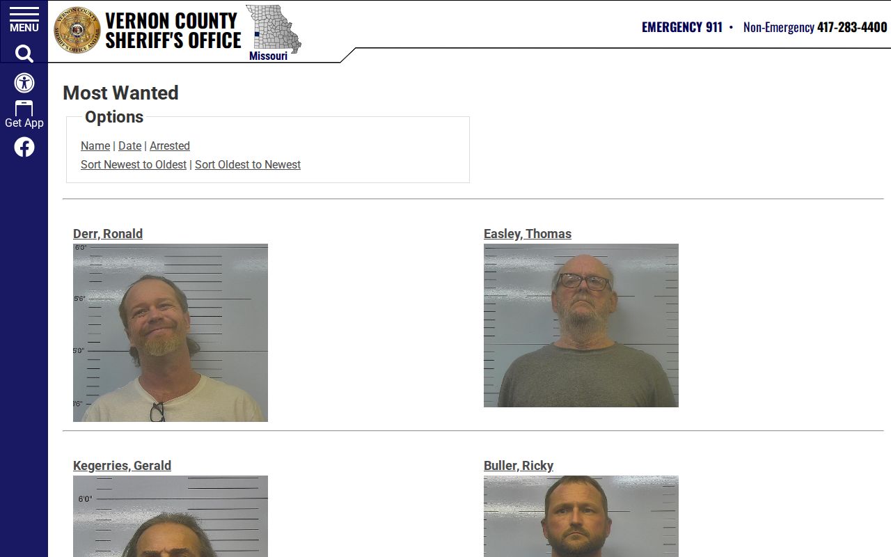 Vernon County Sheriff curated Most Wanted interface
