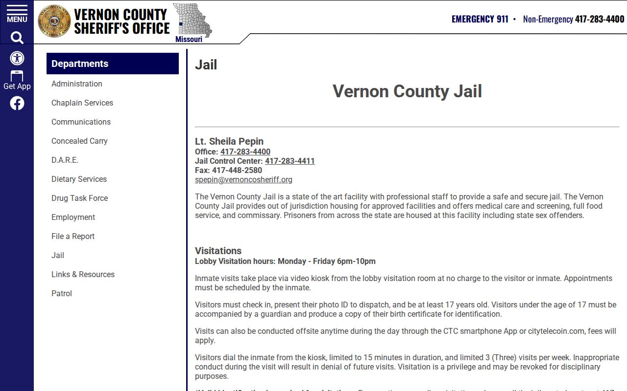 Vernon County Jail official contact page