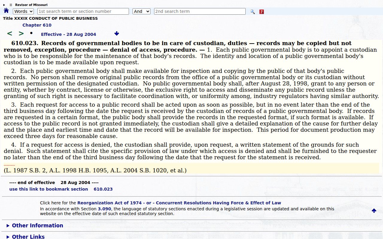 Missouri Sunshine Law records request provision