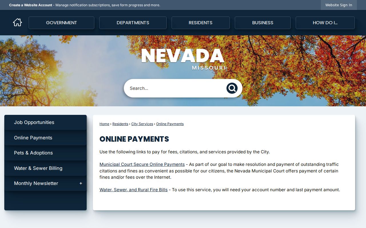Nevada Missouri municipal online payment page