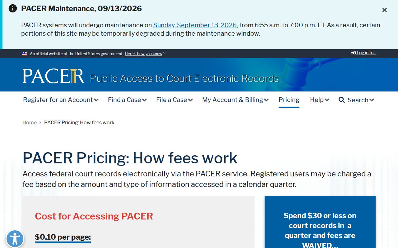 PACER federal docket access pricing rules